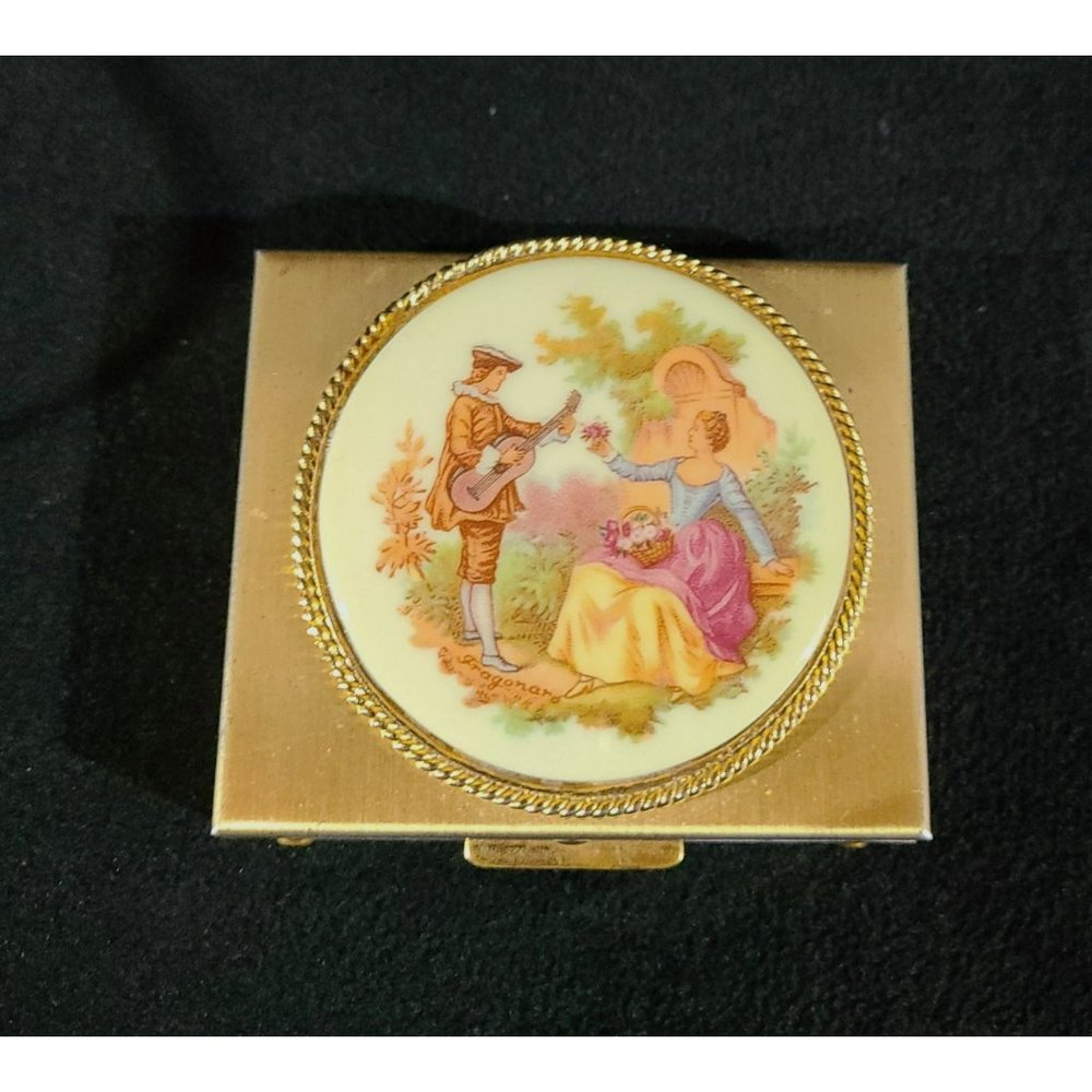 Large vintage Fragonard rococo style brass pill box